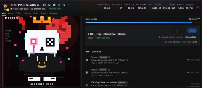 A screenshot of the 'Dead Pixel Labs' NFT minting page for a pixel art collection called 'PIXELS', showing item 'GLITCHED KING' with prices and mint schedule details.