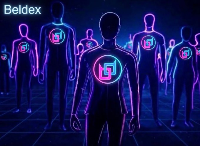 A digital artwork showing glowing neon humanoid figures with the Beldex cryptocurrency logo on their chests, set against a dark blue cosmic background with 'Beldex' text in the upper left.