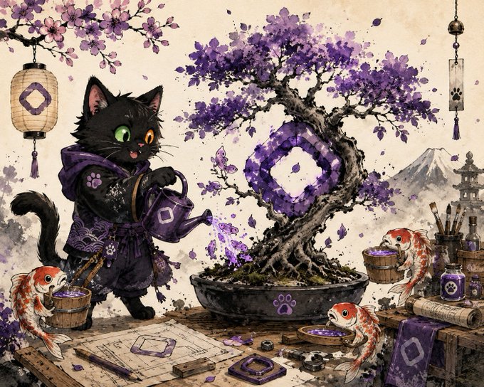 An artistic illustration of a black cat dressed in samurai-style clothing watering a bonsai tree with purple leaves, accompanied by koi fish in a traditional Japanese setting.