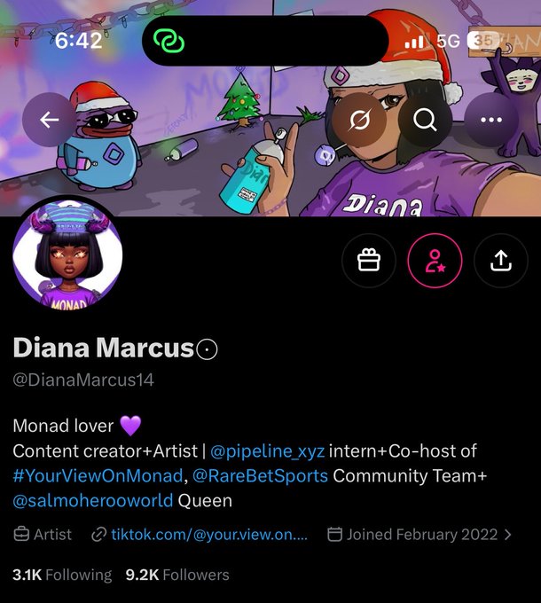 A screenshot of Diana Marcus's (@DianaMarcus14) Twitter/X profile page, displaying her self-description as a "Monad lover 💜," content creator, artist, and community team member, with 9.2K followers and a banner featuring cartoon characters in Santa hats—matching the post's reference to the "Monad girl" who built success and left Web3 behind.