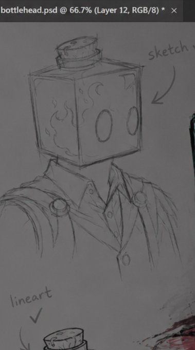 A digital sketch in a Photoshop file titled "bottlehead.psd" shows a character with a square bottle for a head, featuring a top hat-like cap and an interior design of swirls and round shapes, with the body wearing a collared shirt and suspenders. Annotations label the upper drawing as "sketch" and point to a refined version labeled "lineart," illustrating the creative process behind the "bottlehead" NFT project as it nears its 30 1/1 release after 95 iterations.