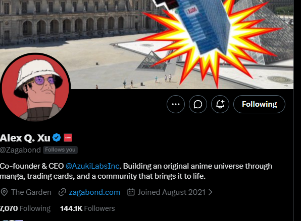 A Twitter/X profile for 'Alex Q. Xu' (@Zagabond), co-founder & CEO of @AzukiLabsInc, showing an anime-style avatar and the Louvre pyramid in the banner.