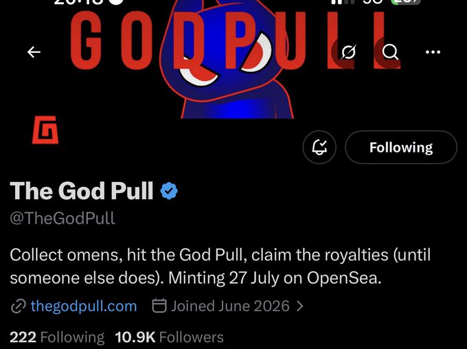 Twitter/X profile for 'The God Pull' (@TheGodPull) showing a red 'GODPULL' banner with a blue ninja-like character, 10.9K followers, and text about collecting omens and minting on OpenSea.