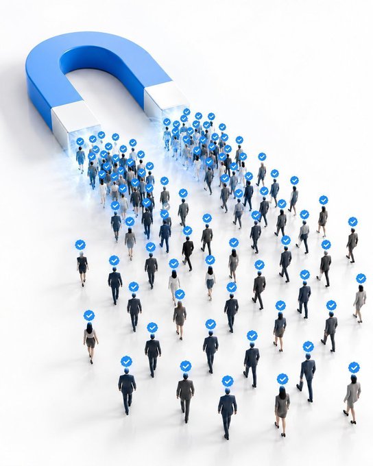 An illustration features a large blue and white magnet attracting a crowd of people, each marked with a blue checkmark icon.