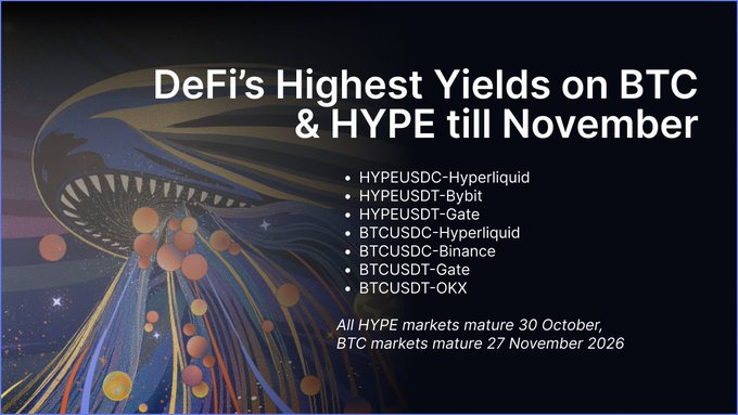 Promotional graphic titled 'DeFi's Highest Yields on BTC & HYPE till November' listing trading pairs including HYPEUSDC-Hyperliquid, HYPEUSDT-Bybit, HYPEUSDT-Gate, BTCUSDC-Hyperliquid, BTCUSDC-Binance, BTCUSDT-Gate, and BTCUSDT-OKX, with maturity dates of 30 October for HYPE and 27 November 2026 for BTC markets.