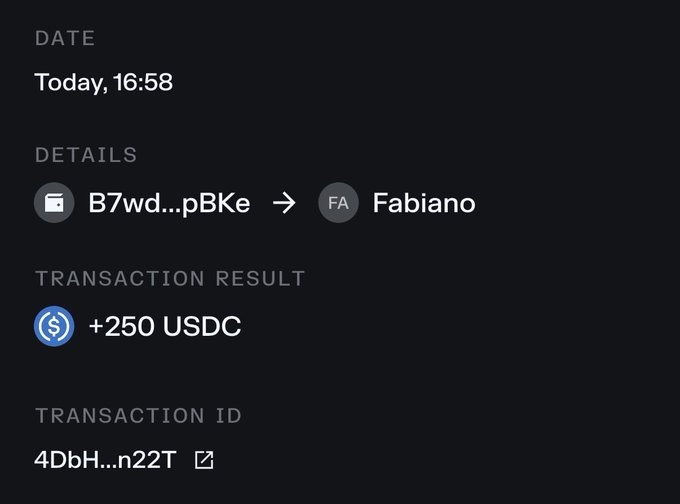 A transaction confirmation showing a +250 USDC payment received today at 16:58 from wallet B7wd...pBKe to user "Fabiano," with transaction ID 4DbH...n22T, which appears to be the payout referenced in the post about getting paid.