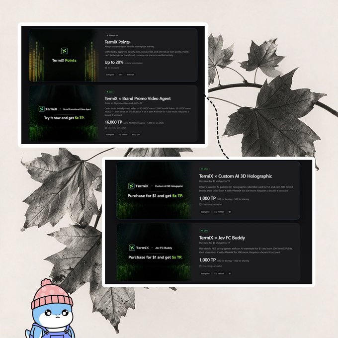 A graphic featuring dark cards advertising various TermiX services including "TermiX Points", "TermiX x Brand Promo Video Agent", "TermiX x Custom AI 3D Holographic", and "TermiX x Jev FC Buddy" overlaid on a background of black and white maple leaves with a small cartoon character in the corner.