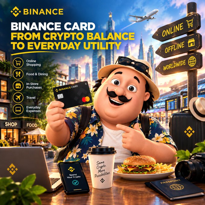 A promotional advertisement for the 'BINANCE CARD' featuring a cartoon traveler character holding the card, with text highlighting 'FROM CRYPTO BALANCE TO EVERYDAY UTILITY' and features like Online Shopping, Food & Dining, In-Store Purchases, Travel, and Everyday Expenses.