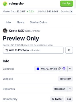 A CoinGecko page displays a "Preview Only" placeholder for Keeta USD (KUSD), showing a market cap of $2.291T, a contract address beginning with 0x770...114a1a, and a website link to keeta.com. This relates to the post by highlighting CoinGecko's early listing of Keeta's stablecoin before any trading activity has occurred.