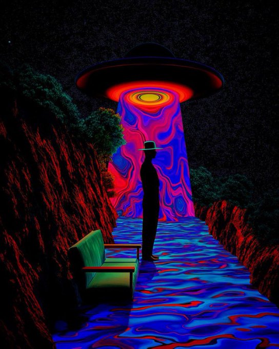 A surreal digital artwork showing a silhouetted figure in a hat standing before a UFO that projects a swirling red, blue, and yellow beam of light onto a watery path flanked by red cliffs.