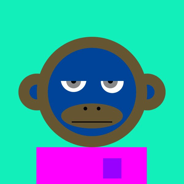 A cartoon illustration of a blue-faced monkey with brown fur, droopy tired eyes, and a flat mouth, wearing a pink shirt against a teal background.
