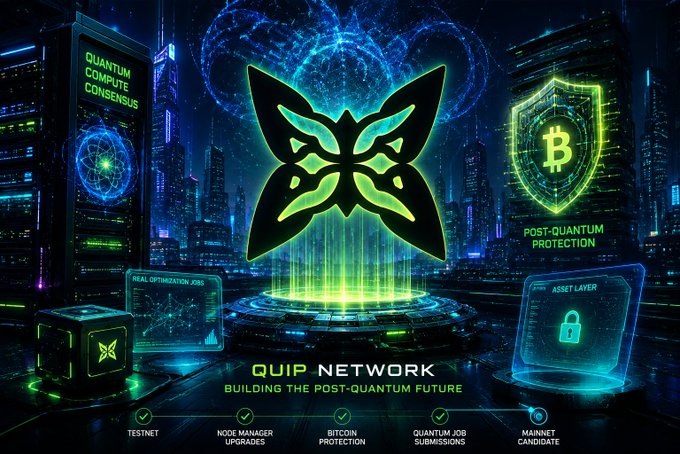 A promotional graphic for 'QUIP NETWORK' with the tagline 'BUILDING THE POST-QUANTUM FUTURE', featuring a butterfly logo, references to 'QUANTUM COMPUTE CONSENSUS', 'BITCOIN PROTECTION', and 'POST-QUANTUM PROTECTION', along with milestones like TESTNET, NODE MANAGER UPGRADES, and MAINNET CANDIDATE.