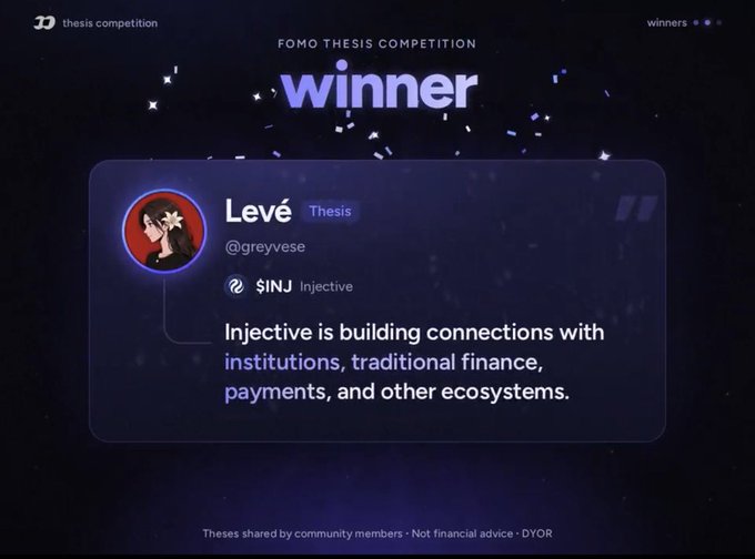 Screenshot announcing user 'Levé' (@greyvese) as a winner of the FOMO Thesis Competition with their thesis on Injective ($INJ) building connections with institutions and traditional finance.