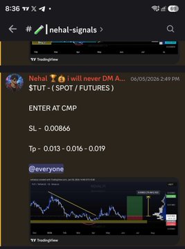 The image shows a Discord post from "Nehal Signals" in the "nehal-signals" channel dated 06/05/2025, recommending a $TUT (Spot/Futures) trade to enter at CMP with a stop-loss of 0.00866 and targets of 0.013-0.016-0.019, accompanied by a TradingView chart. This relates to the caption by showcasing the original signal call that allegedly delivered a 591% profit, validating the claims of profitable trading setups shared in the group's premium channel.