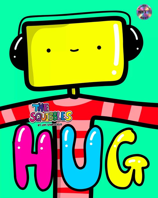 A colorful cartoon-style illustration for 'THE SQUIBBLES NFT' by Jay Stansfield, showing a yellow smiling box-headed character wearing headphones and a red-and-pink striped shirt, with the word 'HUG' in large colorful letters.