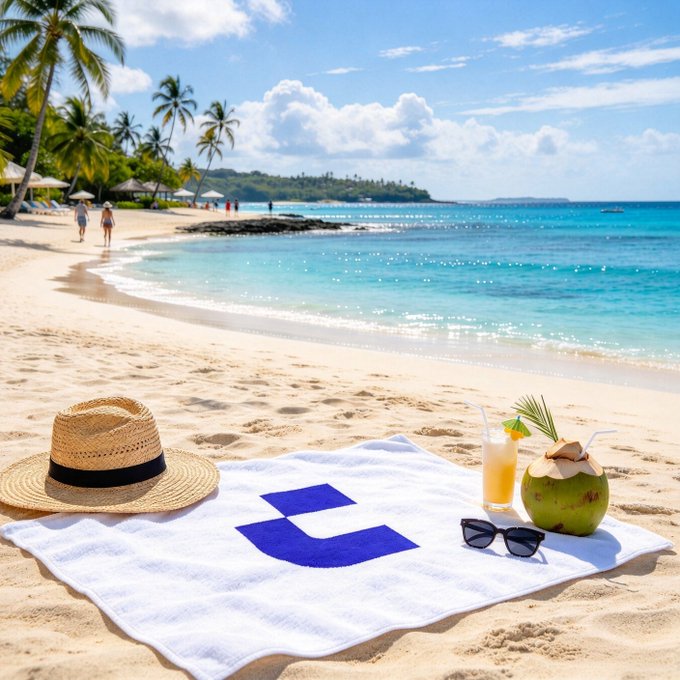 A tropical beach scene features a straw hat, sunglasses, a coconut drink, and a glass of juice arranged on a white towel displaying a blue logo on the sand.