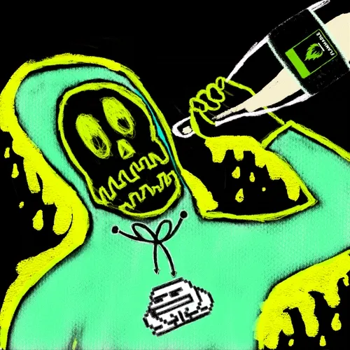 A dark, stylized illustration of a hooded skeletal figure in green and yellow, holding what appears to be a bottle, with another similar figure beside it.
