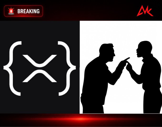 A 'BREAKING' news-style graphic featuring a large white XRP logo on the left and the black silhouettes of two men pointing fingers at each other in an argument on the right.