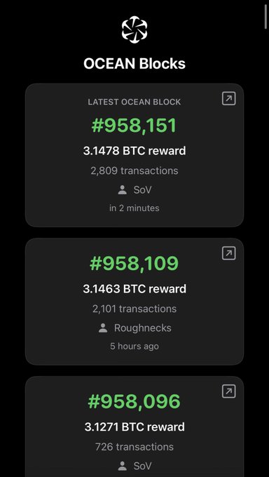 A mobile app screen titled 'OCEAN Blocks' displays the latest Bitcoin mining blocks, including block #958,151 with a 3.1478 BTC reward from SoV, and blocks #958,109 and #958,096 with 3.1463 and 3.1271 BTC rewards respectively.