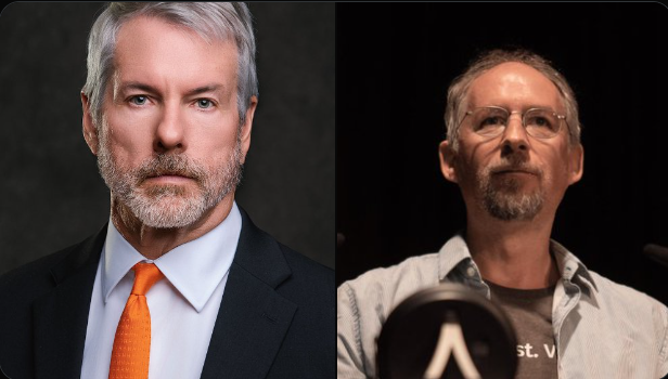 This split image features Michael Saylor and Adam Back, two prominent Bitcoin advocates who are vocal opponents of BIP 110, as described in the accompanying post.