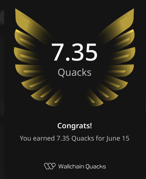 The image features a black background with gold wings and text that reads "Gquacks nice to see them start flowing back in, honestly it didn’t feel the same without my @wallchain quacks Glad to get some more to start flowing in". The text is written in white letters.