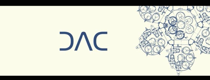 A banner displaying the 'DAC' logo in dark blue on the left, with an intricate blue geometric illustration resembling industrial machinery or storage tanks on the right side.