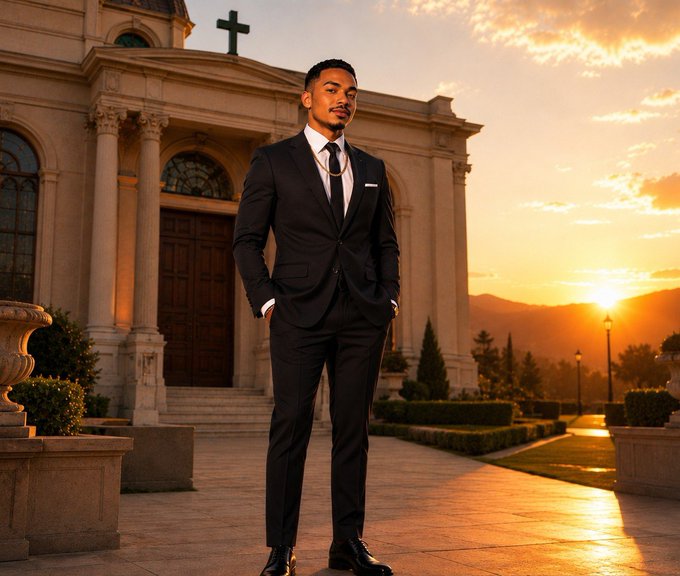 A man in a sharp black suit and tie stands confidently in front of a grand church at golden hour sunset.