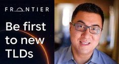 An advertisement featuring a man in glasses with text 'FRONTIER' and 'Be first to new TLDs'.
