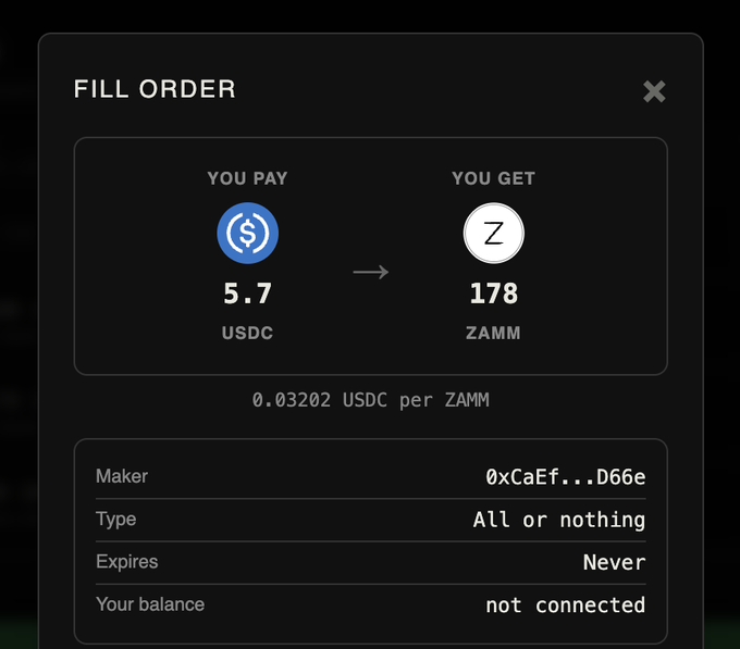 A digital interface titled 'FILL ORDER' shows a transaction to pay 5.7 USDC and receive 178 ZAMM, at a rate of 0.03202 USDC per ZAMM.