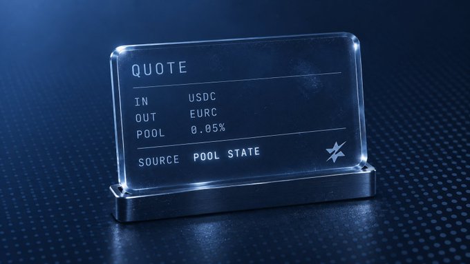 A 3D render of a transparent glass-like display panel showing exchange rate information with text including 'QUOTE', 'IN USDC', 'OUT EURC', 'POOL 0.05%', and 'SOURCE POOL STATE'.