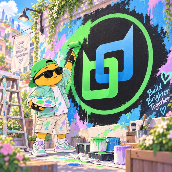 A cartoon character wearing sunglasses and a green cap paint a green and blue logo on a wall, with text reading 'GOOD IDEAS BRIGHTER TOMORROW' and 'Build Brighter Together' visible.