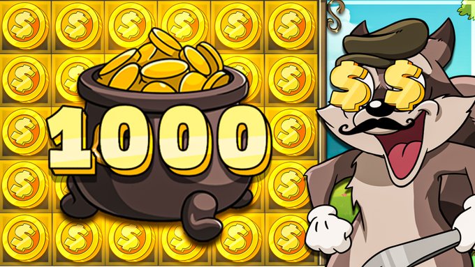 A colorful cartoon image showing a pot of gold coins with '1000' displayed on it, alongside a cartoon character with dollar signs for eyes holding money.