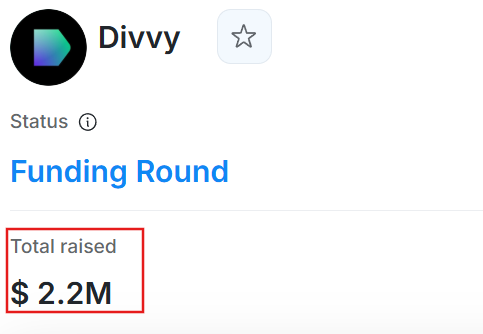 A funding round page for 'Divvy' showing 'Total raised $ 2.2M' highlighted in red.