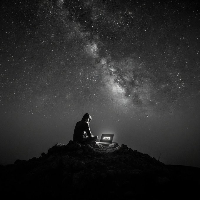 A hooded figure sits on a rocky hilltop beneath a star-filled Milky Way sky, using a laptop displaying the text "BIFS".