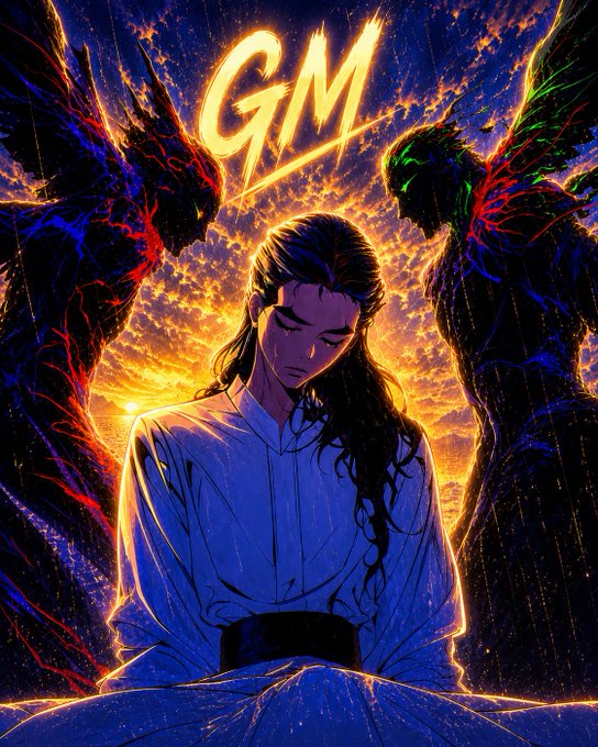 The image features a woman with long hair wearing a white dress sitting under two angels who appear to be holding her down. The background of the image has a gradient effect that transitions from blue at the top to orange at the bottom, creating an atmospheric and dreamy vibe. The caption for the image reads "GM CT One thing Web3 still struggles with is making products feel approachable for everyday users. That's why @XOOBNetwork feels interesting".