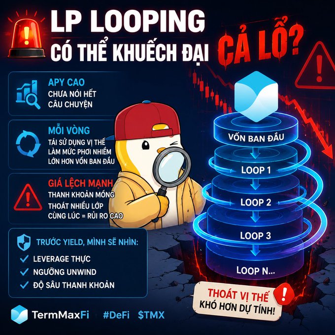 A Vietnamese-language infographic from TermMaxFi explaining 'LP LOOPING' risks and benefits, featuring a penguin detective character, a looping diagram from LOOP 1 to LOOP N, and warnings about liquidation.