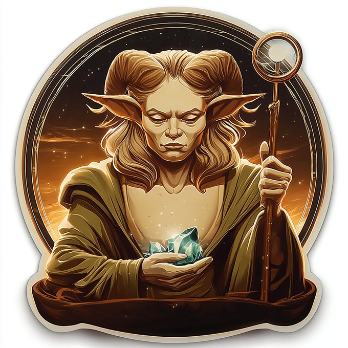 The image features a cartoon illustration of a woman with long hair, wearing a robe and holding a crystal ball or gemstone. The background of the image has a dark purple hue, which contrasts with the lighter colors used for the woman's attire and the crystal object she is holding. The caption above the image reads "Astral Custodian Keeper of light. Guardian of the unseen. 3 editions 2 XTZ Size 8192x8192 objkt.com/tokens/KT1Rdy2 #custodian #tezostuesday #Tezos #aiartist #NFTCollection #astral".