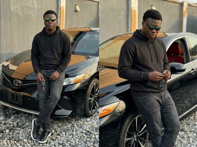 Two photos of a man wearing a black hoodie, dark jeans, and green reflective sunglasses standing in front of a black Toyota sedan parked on gravel.