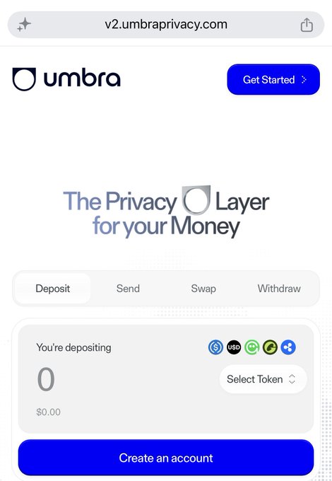 The image shows the Umbra v2 website (v2.umbraprivacy.com) featuring a deposit interface with "The Privacy Layer for your Money" tagline, supported tokens including USDC, USDT, USDS, and others, and a "Create an account" button, illustrating the privacy-focused financial platform discussed in the post about bringing private transfers and swaps to Solana.