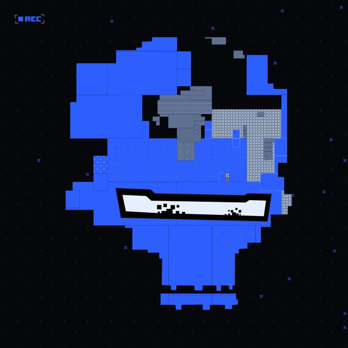 A pixel art image depicting a blue and gray structure, possibly a game level or character, set against a black starry background with a 'REC' indicator in the top left corner.