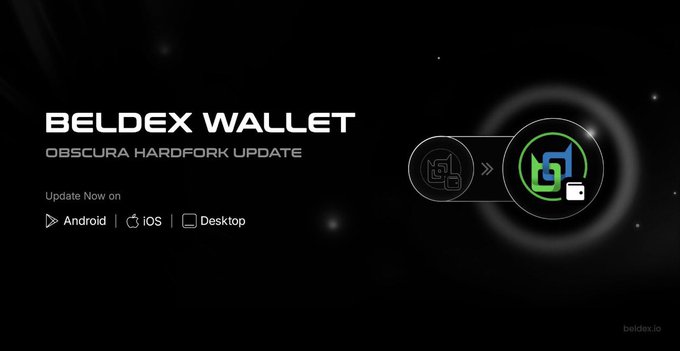 A promotional graphic on a black background announces the 'BELDEX WALID 'OBSCURA HARDFORK UPDATE'', noting availability on Android, iOS, and Desktop, with 'beldex.io' in the corner.