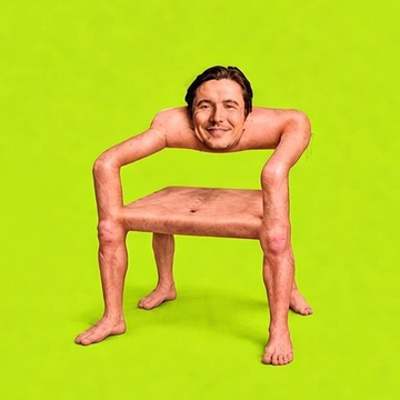 A surreal image on a bright green background shows a human face attached to a body that forms the shape of an armchair, with arms and legs becoming the chair's limbs.
