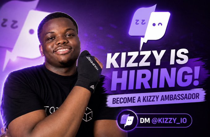 A promotional image announces 'KIZZY IS HIRING! BECOME A KIZZY AMBASSADOR' featuring a smiling man wearing black Aqualung gloves, with instructions to 'DM @KIZZY_IO'.