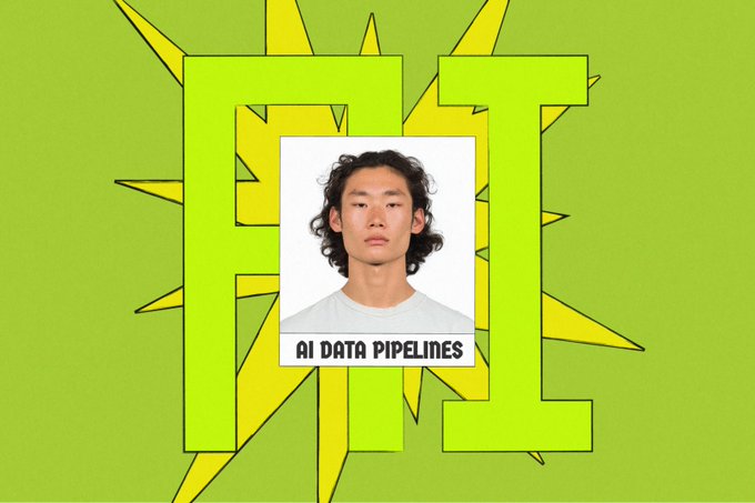The image is a graphic design depicting an AI data pipeline with a man's face within a triangle. The man has dark hair, and he wears a white t-shirt with yellow letters around his neck. The background features a green explosion of arrows, creating a vibrant and visually appealing scene that contrasts the serious topic of AI and data pipelines.