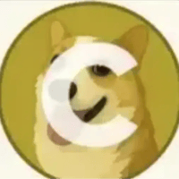 A circular icon featuring a Doge (Shiba Inu) meme face partially obscured by a white circular logo.
