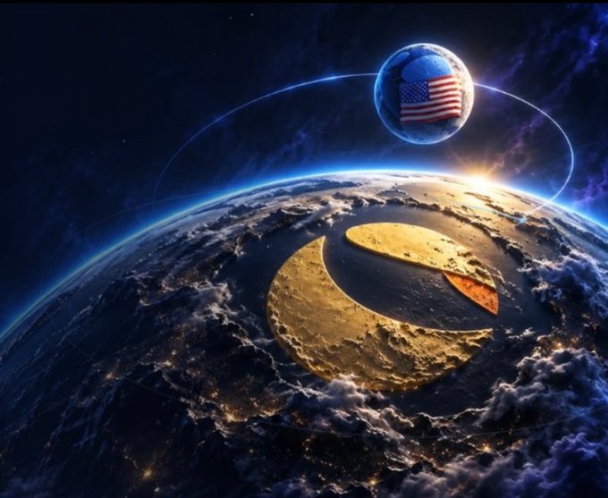 A digital artwork depicting Earth from space with a glowing crescent moon shape on the surface and a smaller planet bearing the American flag in the background.