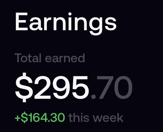 The image shows a screenshot displaying "Earnings" with a "Total earned" of $295.70 and "+$164.30 this week" in green text. It relates to the post by showcasing the user's earnings gains from trading on Fomo, likely to encourage others to use their referral code "daremarket" for a similar chance at profit.
