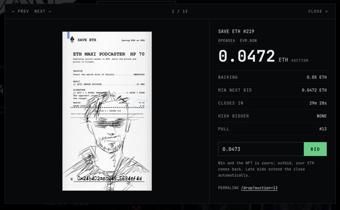 An NFT auction interface for 'SAVE ETH #219' titled 'ETH MAXI PODCASTER HP 70', showing a current bid of 0.0472 ETH with 29m 28s remaining, a backing of 0.05 ETH, and a sketch-style portrait illustration.