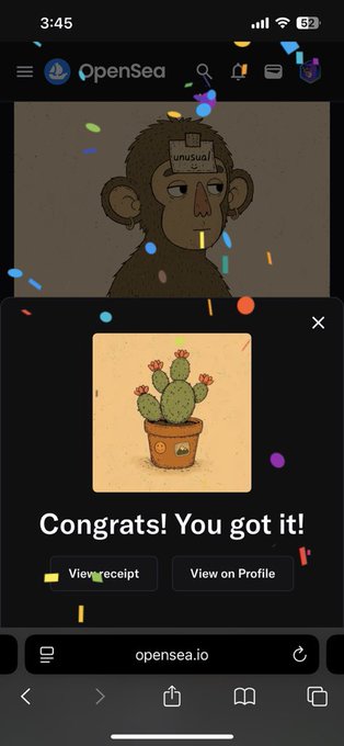 An OpenSea app screenshot displaying a successful NFT acquisition of a potted cactus artwork with the message "Congrats! You got it!" appearing as a confetti animation plays over a Bored Ape background.