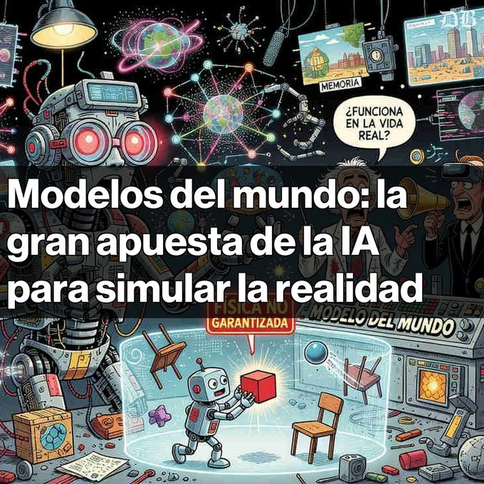 A colorful cartoon-style illustration with Spanish text reading 'Modelos del mundo: la gran apuesta de la IA para simular la realidad' and a speech bubble asking '¿FUNCIONA EN LA VIDA REAL?', depicting robots and scientists working on AI simulations.
